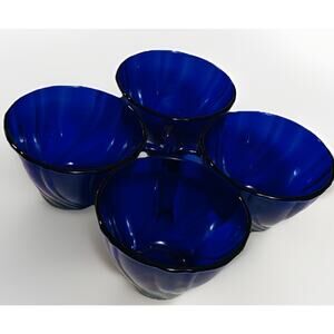 Duralex Vereco France Rivage Cobalt Blue Glass Swirl Tea Cup Set of 4